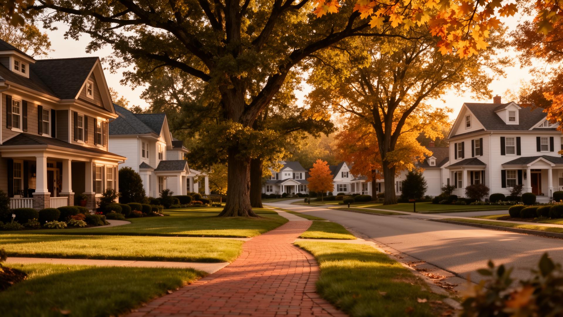 Tree-lined Ohio neighborhood at golden hour with Columbus skyline in the distance